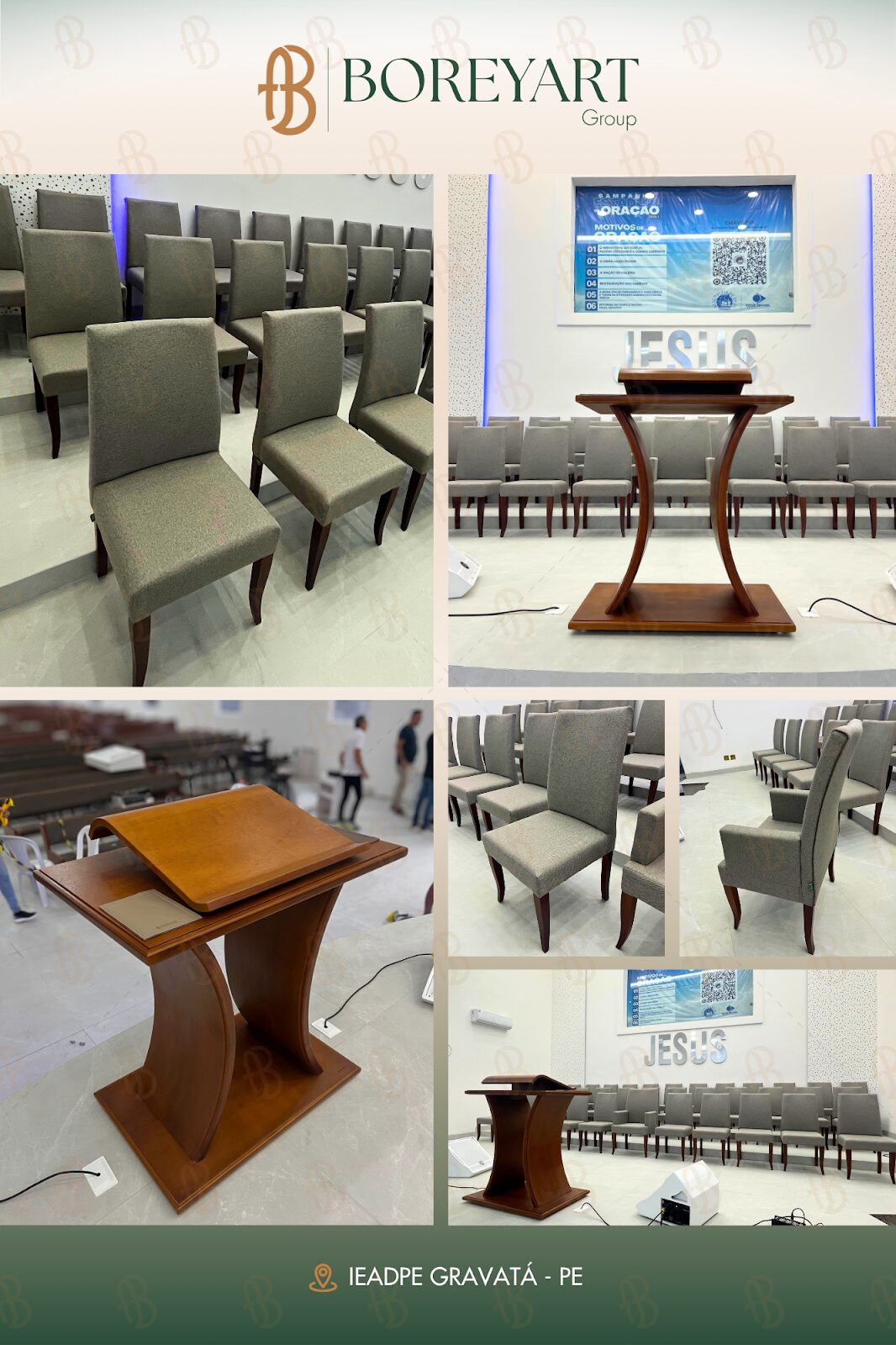 Cadeiras estofadas e púlpito de madeira para igreja IEADPE Gravatá, em Pernambuco | Boreyart