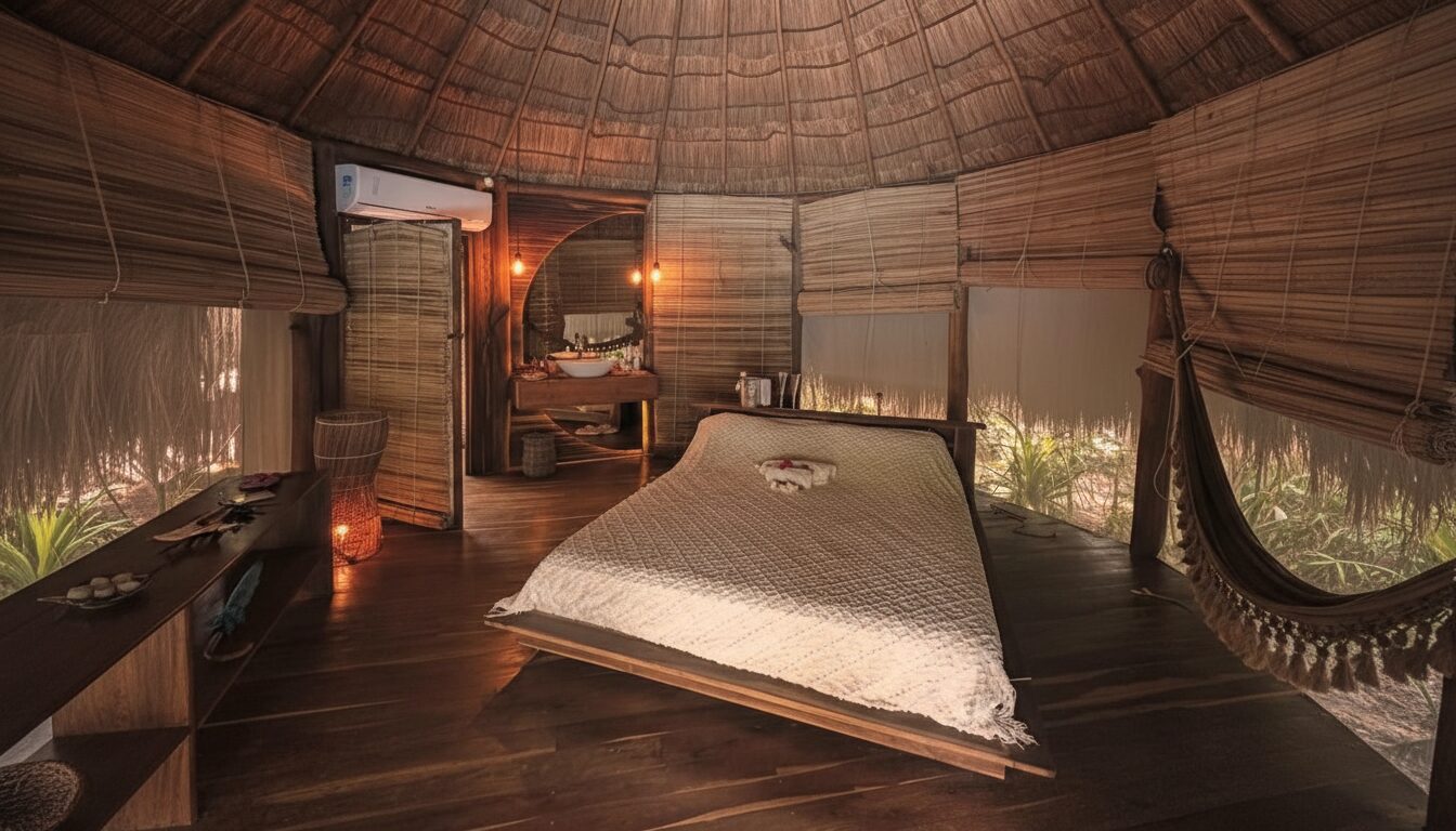 Interior de bangalô todo em madeira com redes, projeto Arbo | Boreyart