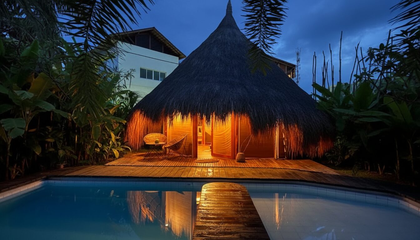 Bangalô em madeira à beira da piscina, projeto Arbo em Maracaípe | Boreyart