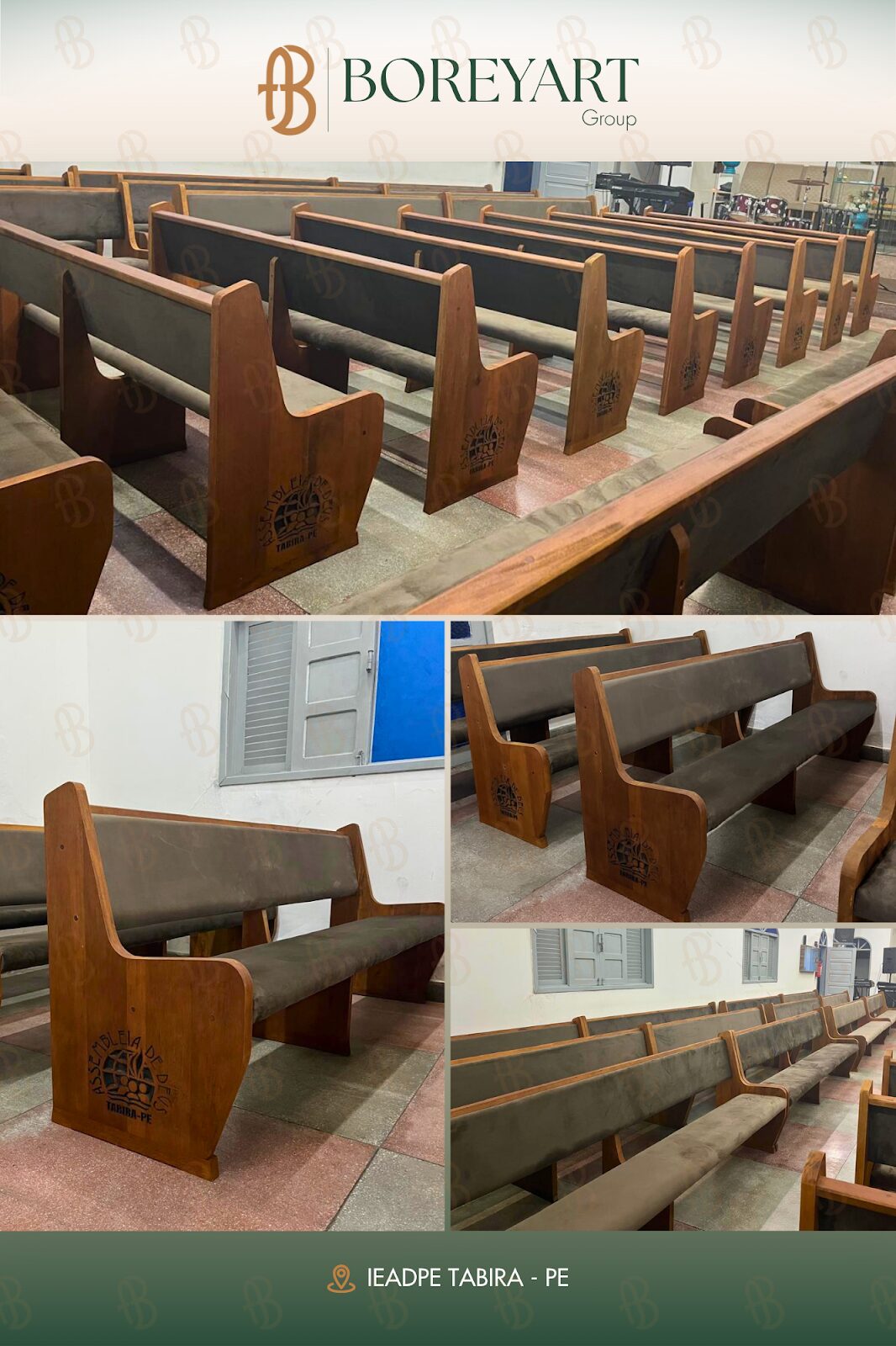 Bancos de madeira para igreja IEADPE Tabira, com logomarca gravada | Boreyart
