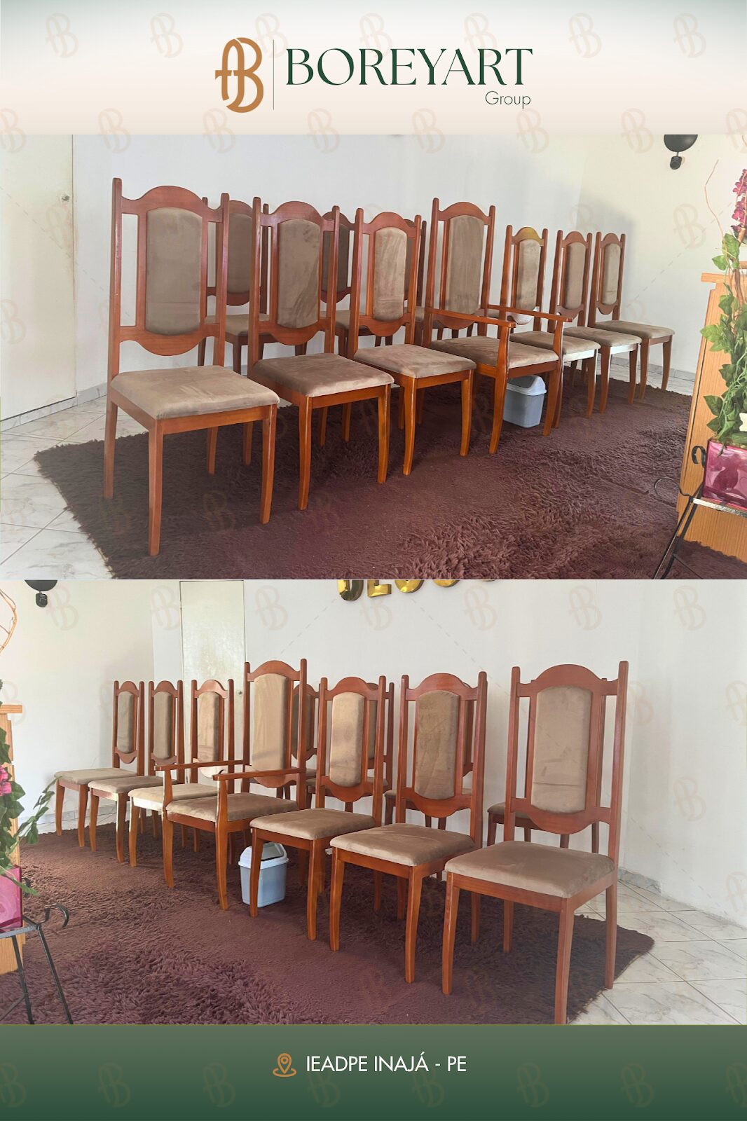 Cadeiras de madeira estofadas para igreja IEADPE Inajá, em Pernambuco | Boreyart