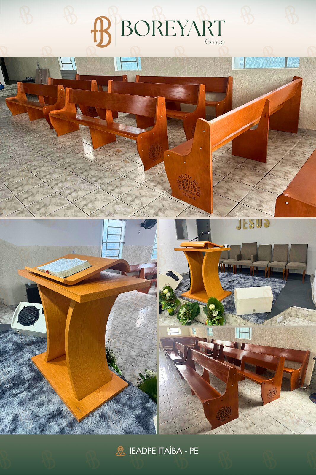 Bancos de madeira e púlpito para igreja IEADPE Itaíba, em Pernambuco | Boreyart